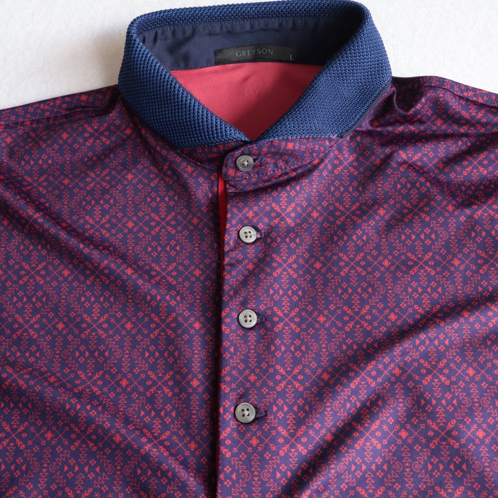 Greyson Mens Large Dark Red/Crimson Navy Geometric Arrow Print Golf Polo Shirt